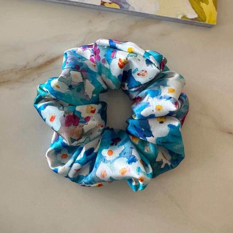 Blue Floral Print Silk Scrunchie