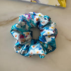 Blue Floral Print Silk Scrunchie