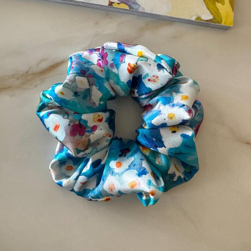 Blue Floral Print Silk Scrunchie