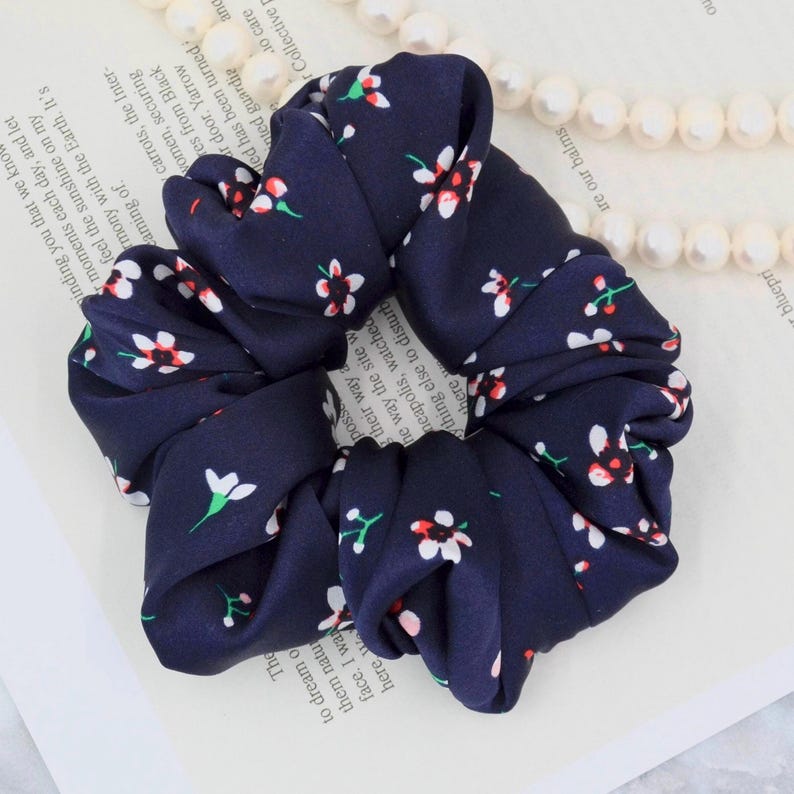 Navy Floral Mulberry Silk Scrunchie