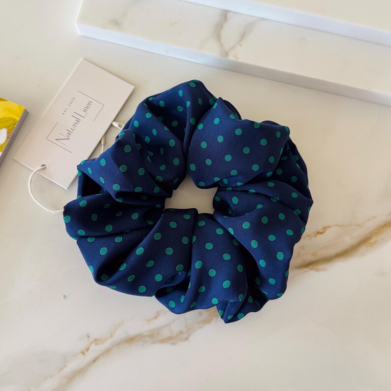 Navy Polka Dot Silk Scrunchie detail