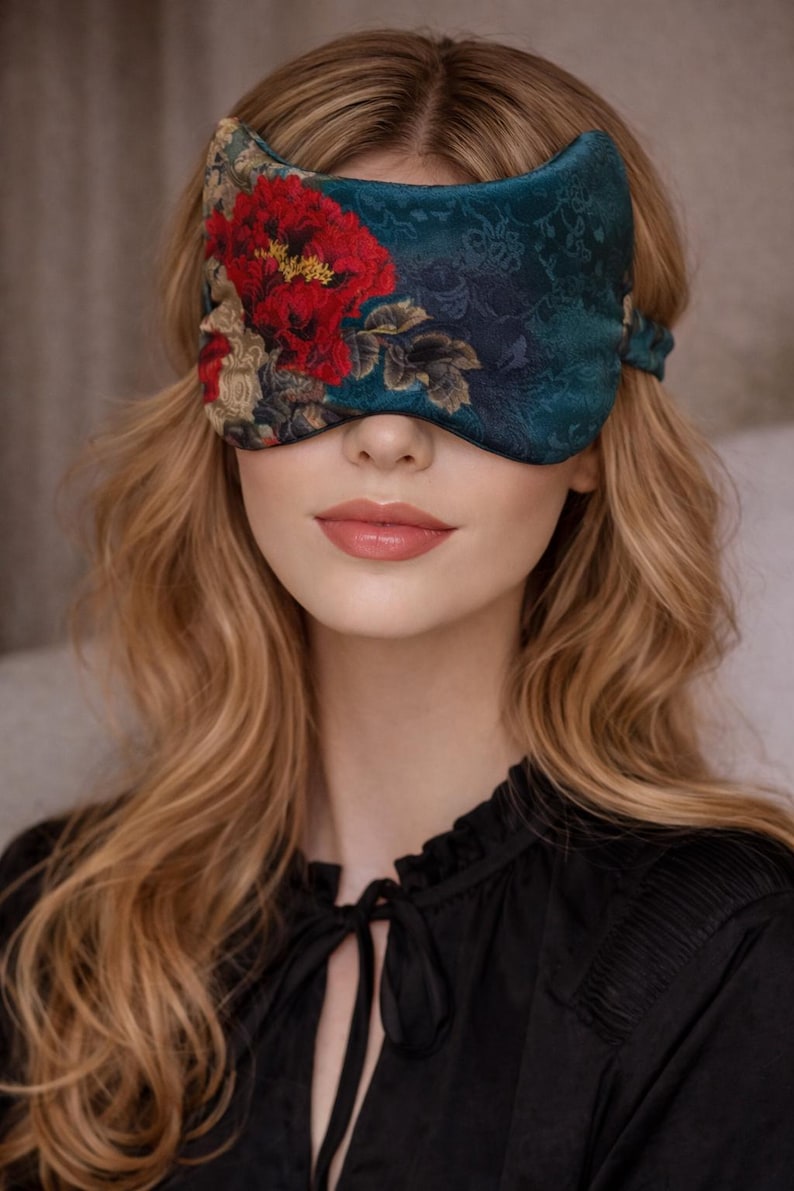 Floral silk sleep mask on model