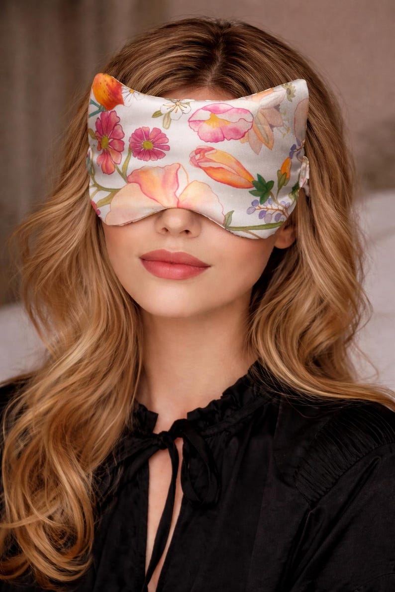 Silk sleep mask on model