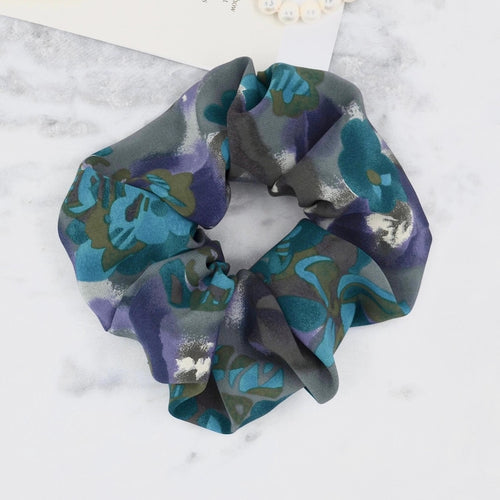 Blue Green Floral Mulberry Silk Scrunchie