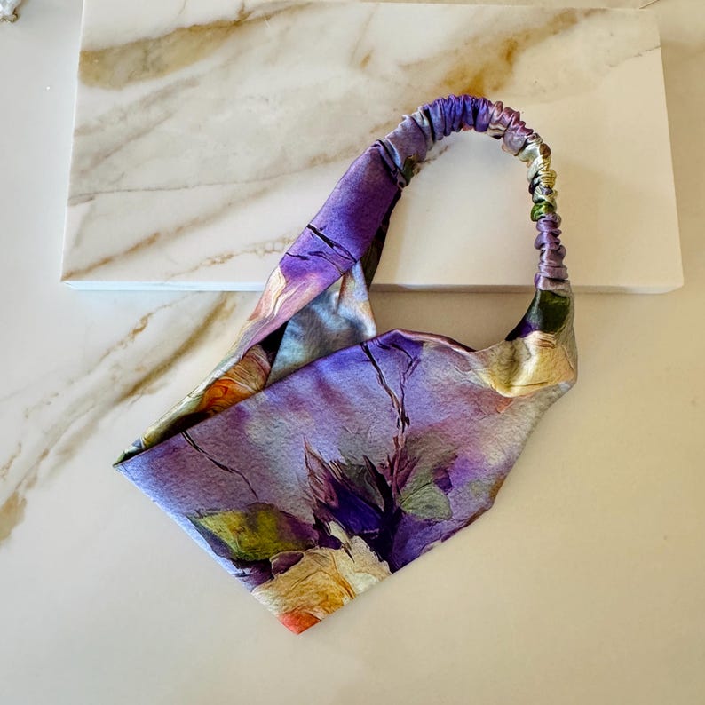 Artistic Bloom silk headband on model