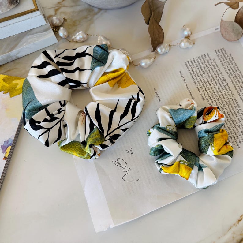 White Tropical Floral Mulberry Silk Scrunchie