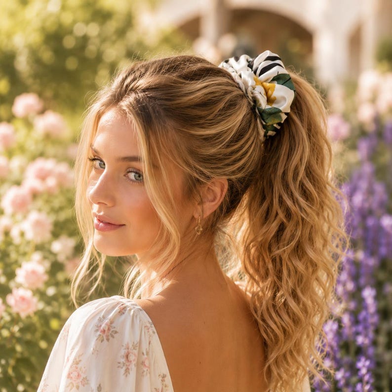 White Tropical Floral silk scrunchie detail