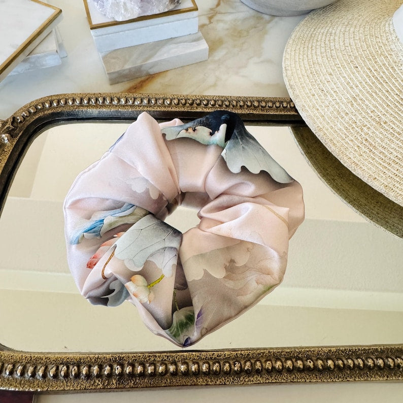 Lotus Floral Mulberry Silk Scrunchie