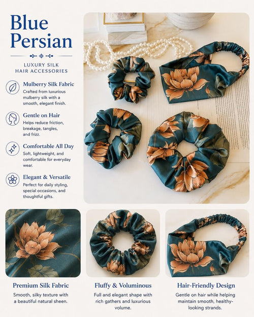 Blue Camel Floral Silk Scrunchie detail