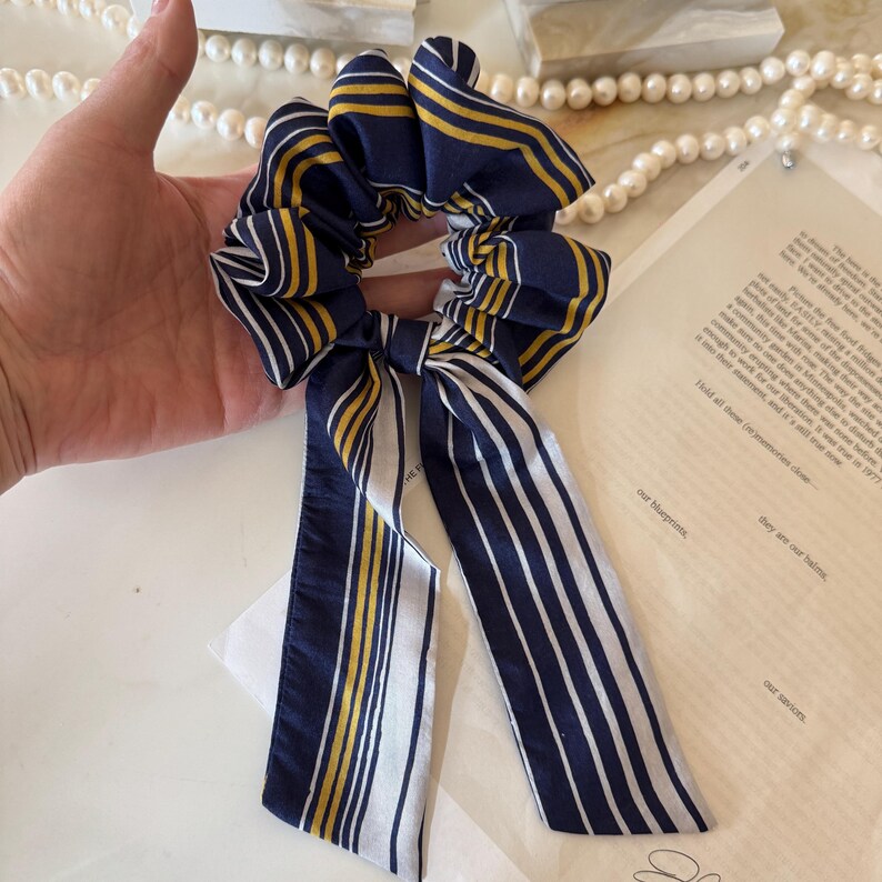 Navy Gold Stripe silk scrunchie detail