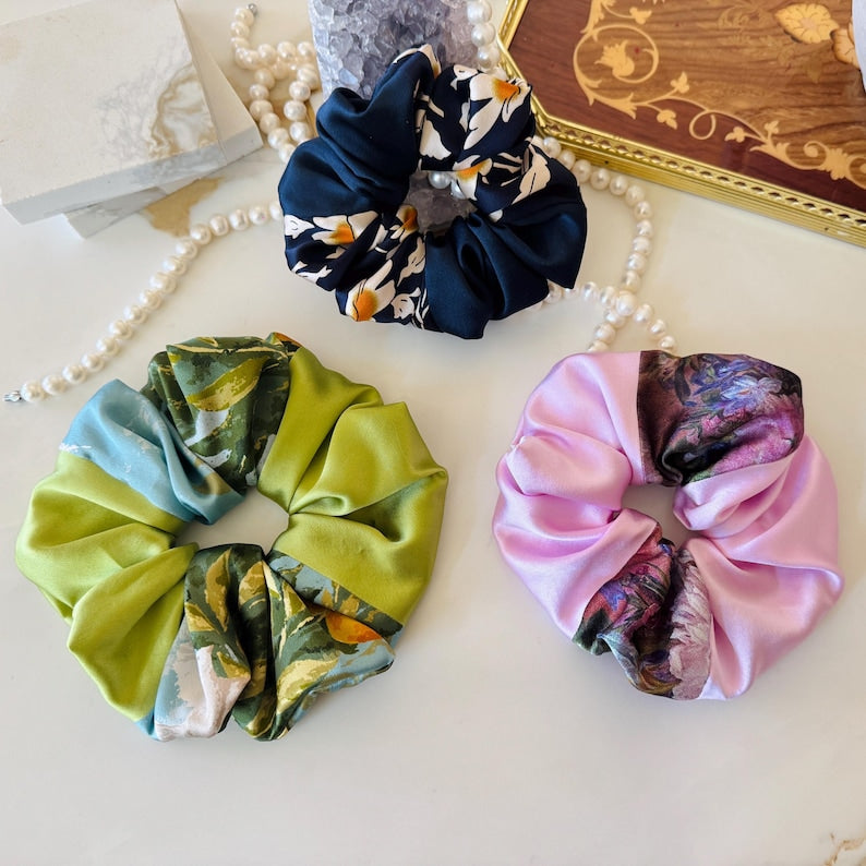Colorblock patchwork silk scrunchie detail