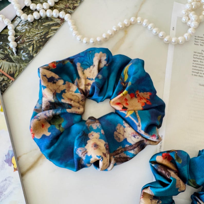 Teal Gold Vintage Floral Silk Scrunchie