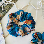 Teal Gold Vintage Floral Silk Scrunchie