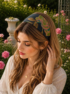 Navy Botanical silk scrunchie on hair