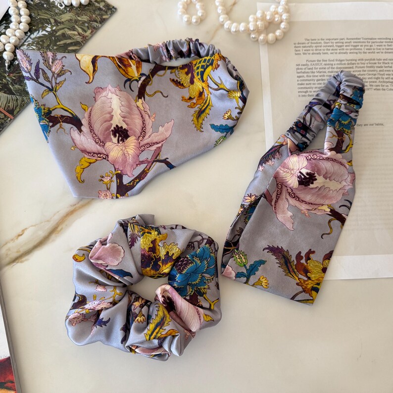 Silk headband and scrunchie on model